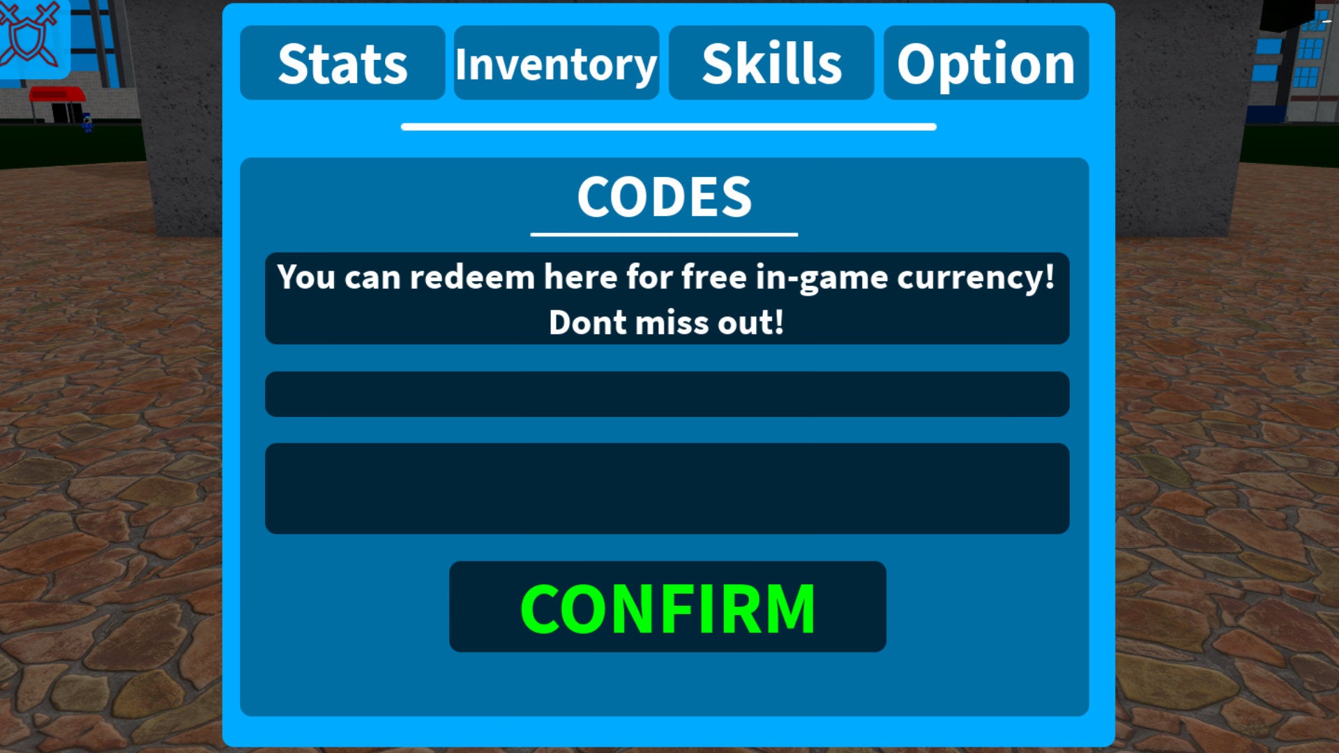 A screenshot from Roblox game Boku No Roblox: Remastered, showing the screen where codes can be redeemed for free Cash.