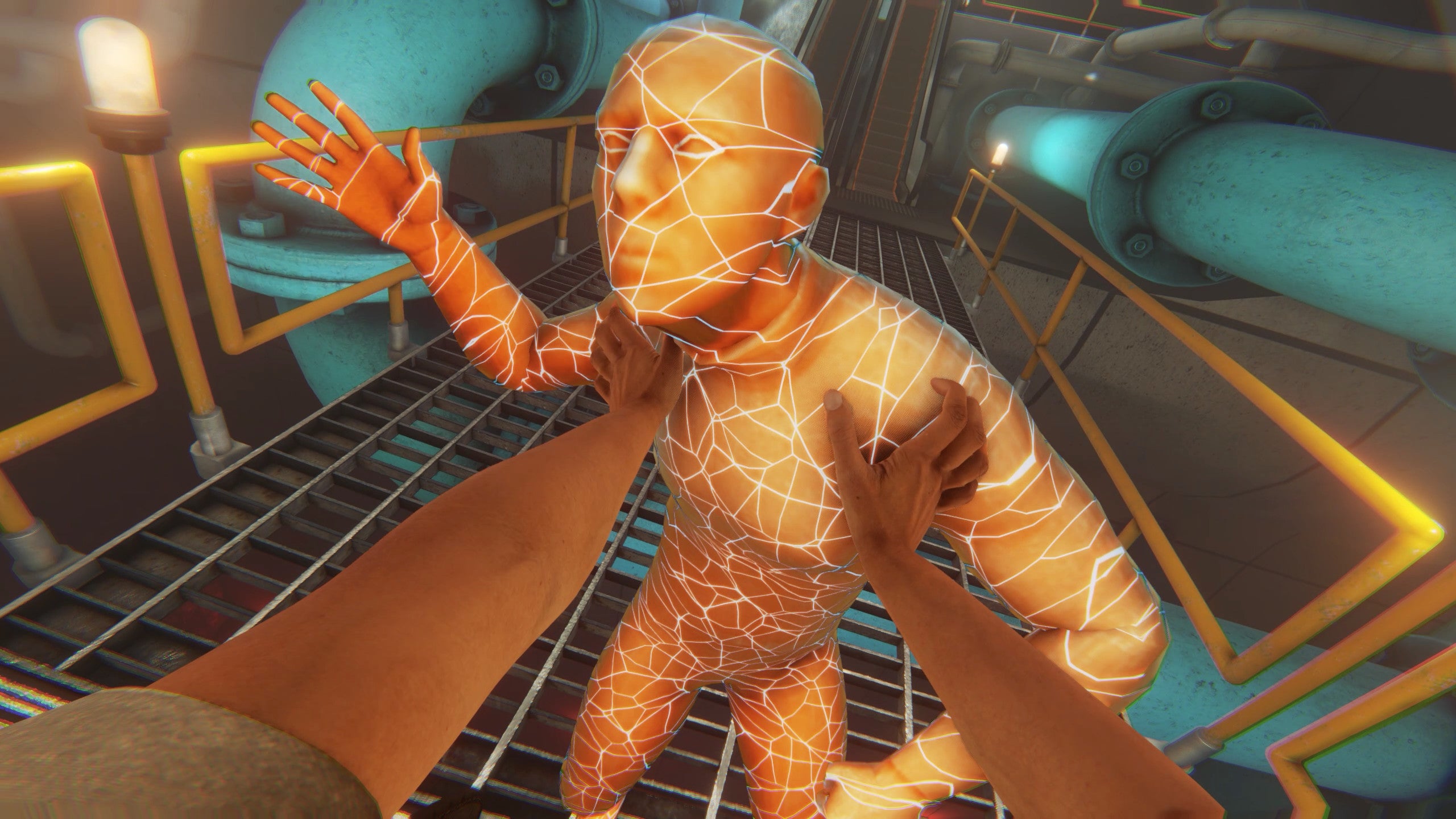 A strange orange figure covered in a web of white light lunges at the player in Bonelab