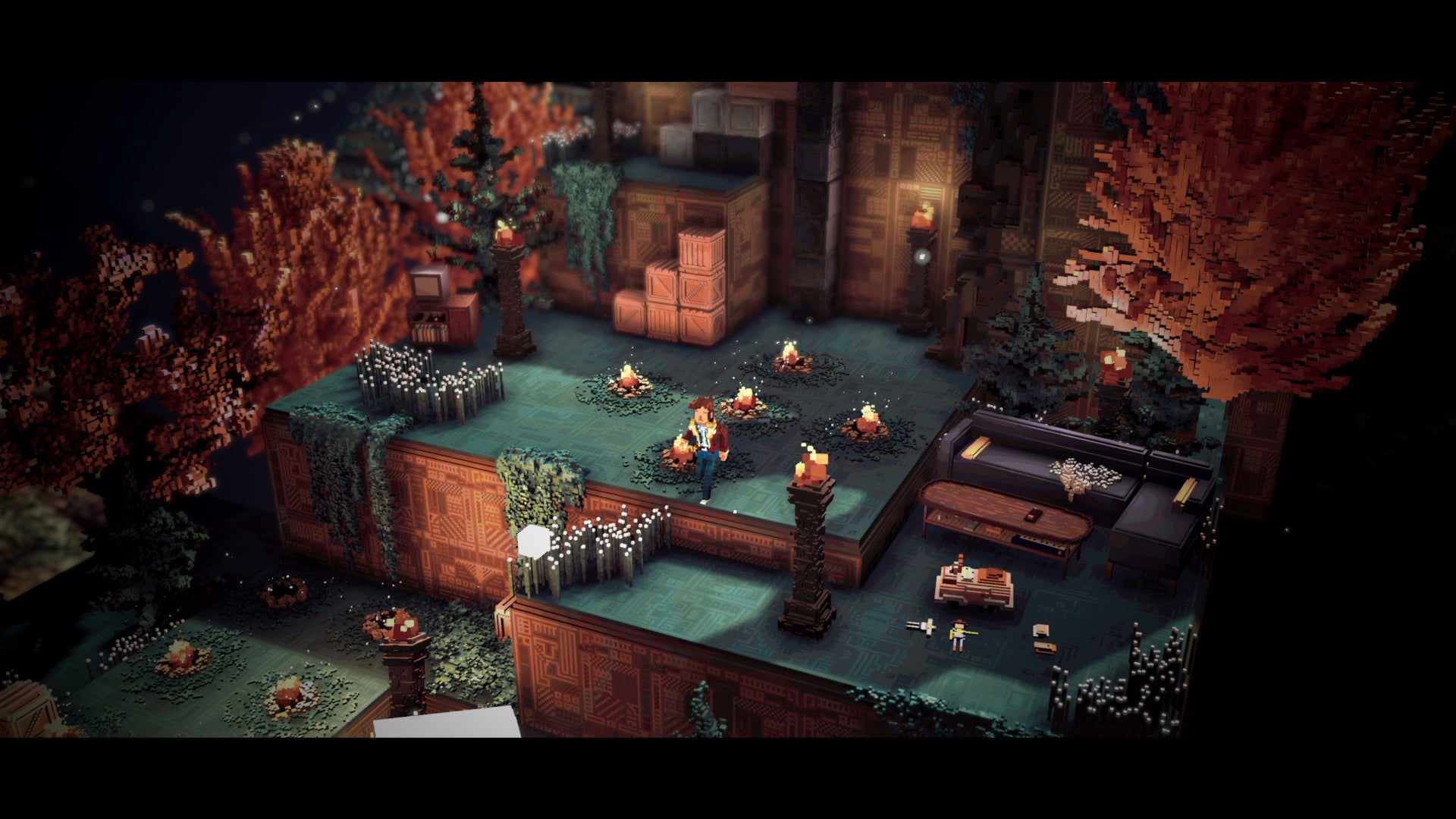 A screenshot of Bonfire Peaks showing a voxel world with autumnal colours and blocky terrain. There are small fires and a man stands in the centre of the image.