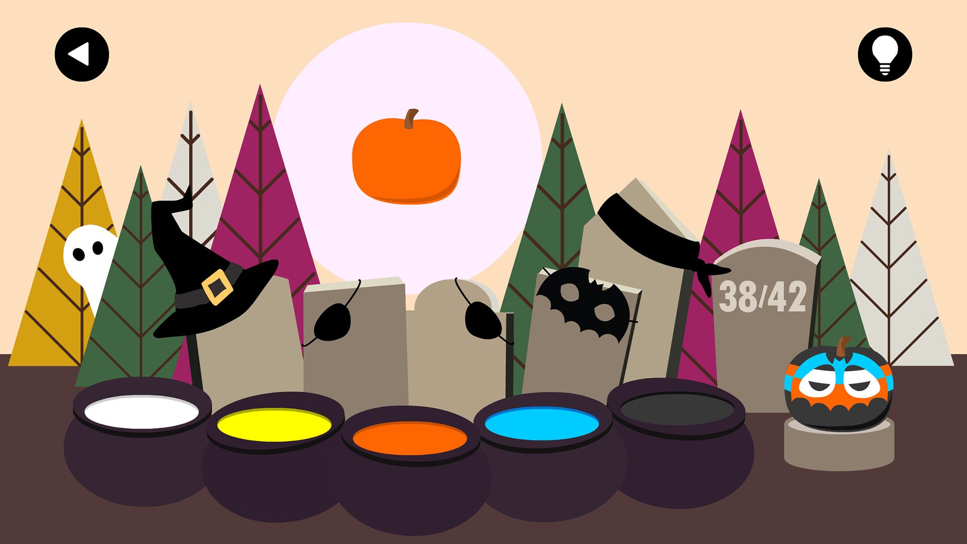 A screen from Boo!: a floating pumpkin above several cauldrons full of different coloured paint, along with different head accessories with which to decorate the pumpkin.