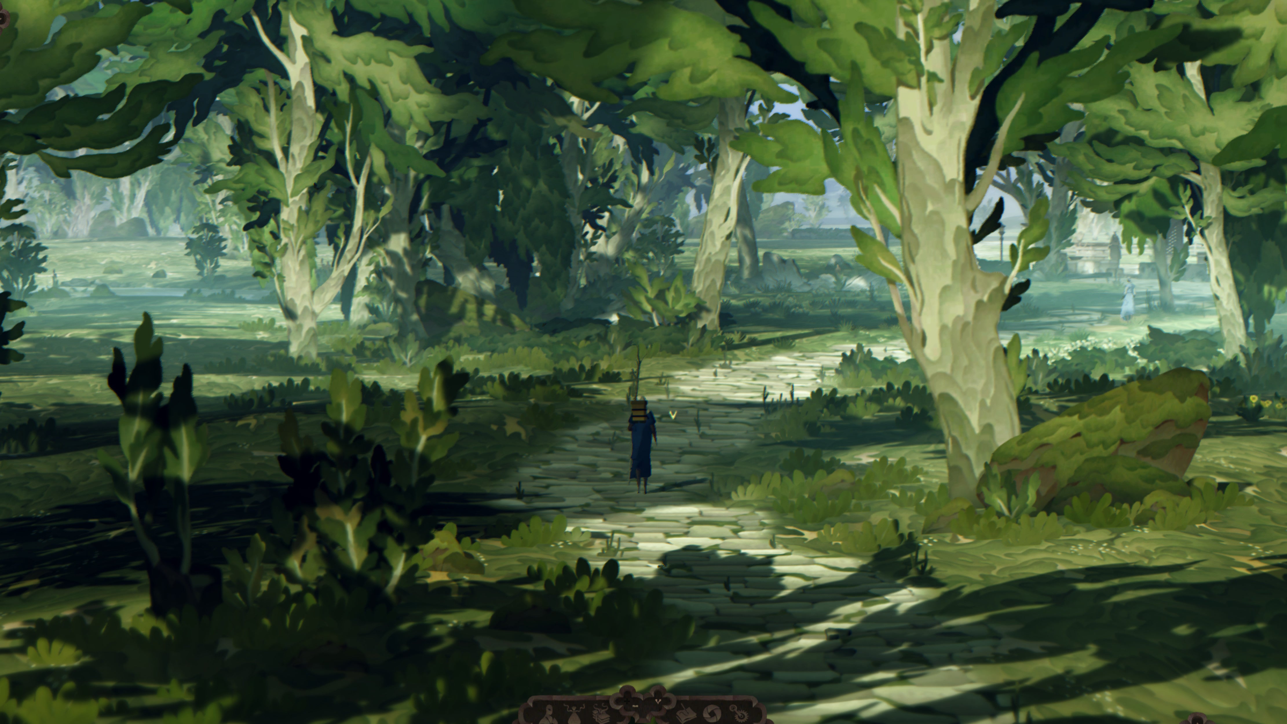 Book Of Travels - a player in a blue robe walks alone with a walking stick and backpack along a quiet road through a forest