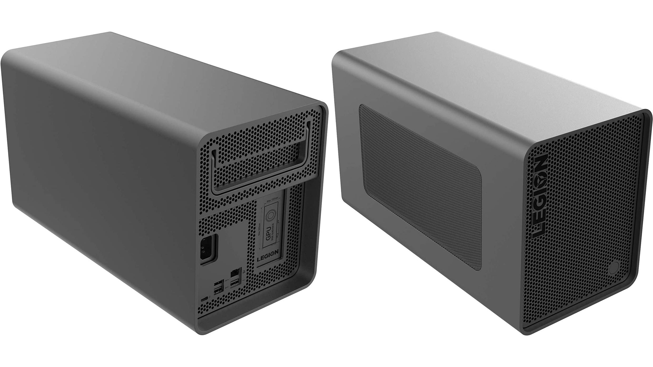 the lenovo legion booststation, a grey box with a place for a power supply to be installed, plus plenty of USB ports.