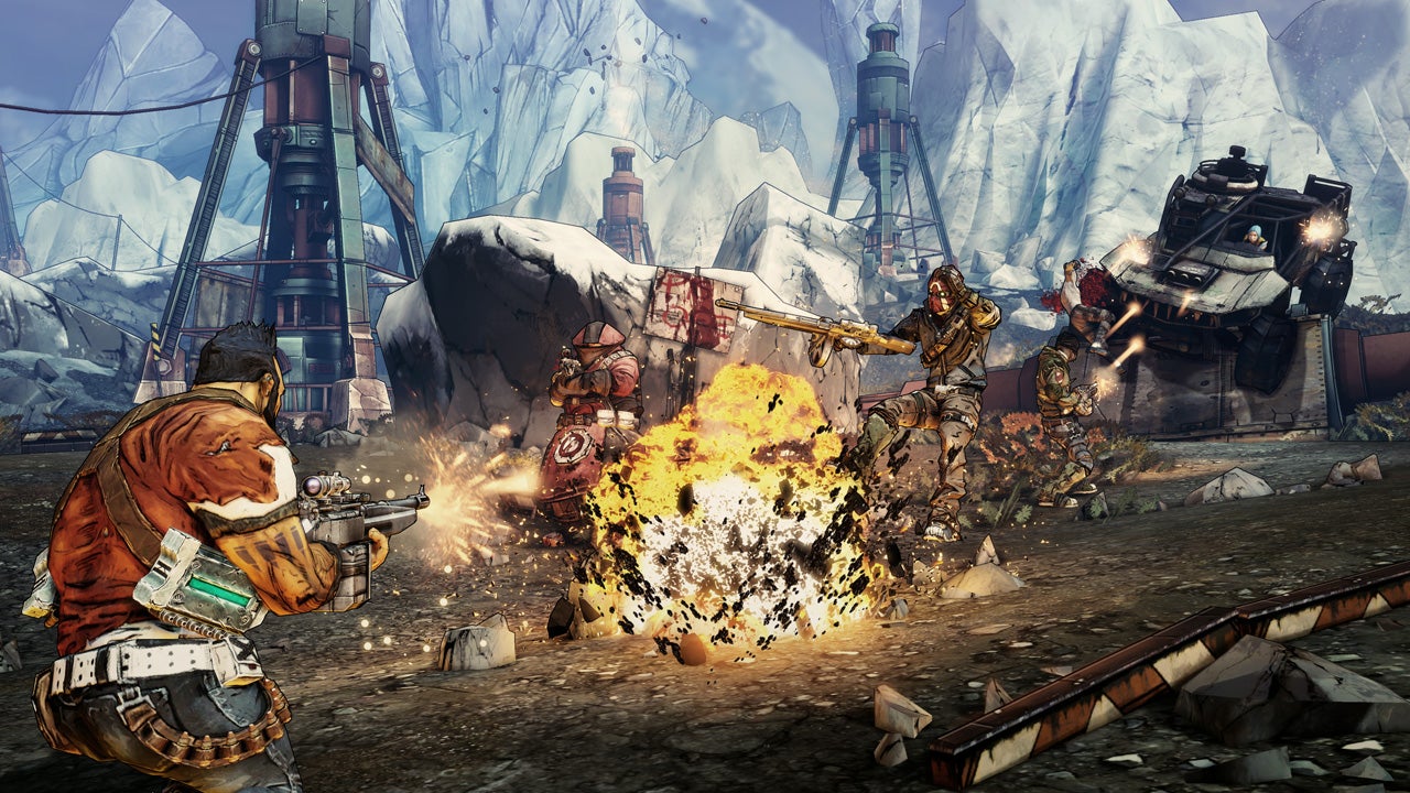 An image from Borderlands 2 which shows Salvador firing at enemies caught in an explosion.
