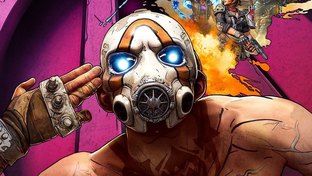 A Borderlands bandit in a mask points fingerguns at his own head.