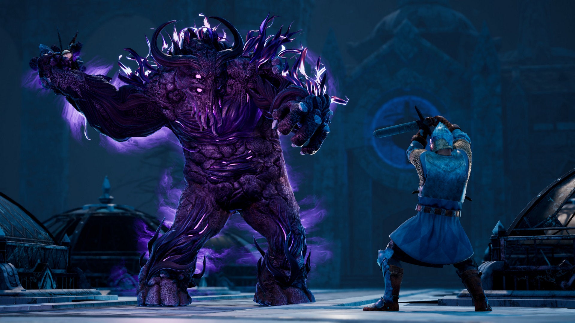 A knight raises his sword against a purple beast in King's Bounty 2