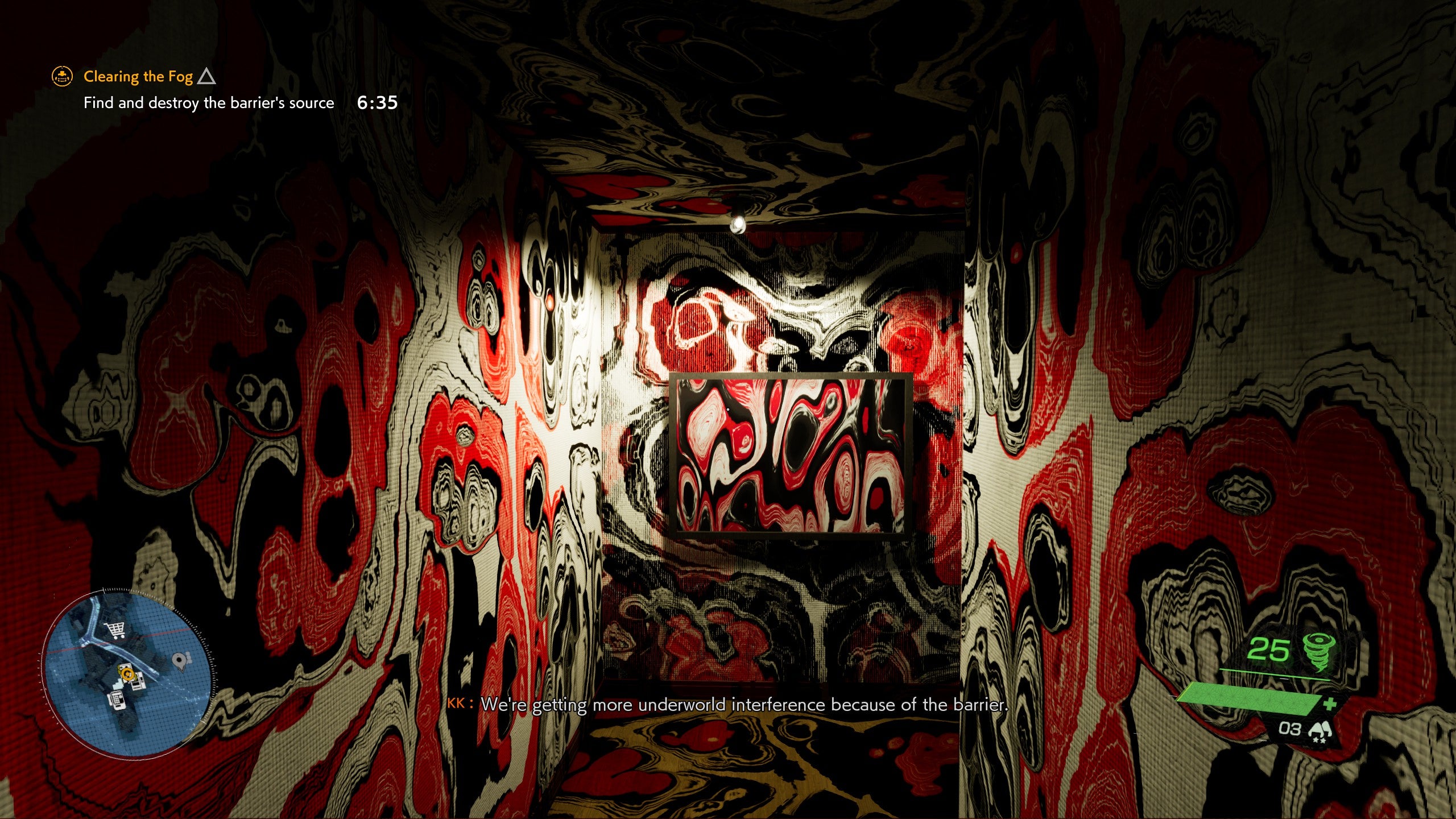 An apartment corridor with red, white and black artwork covering the walls in Ghostwire Tokyo