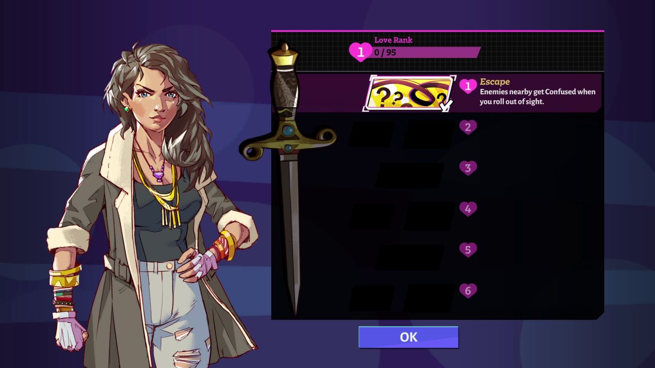 A screenshot of Valeria the dagger's ability screen in Boyfriend Dungeon. Currently she only has one ability - enemies become confused when you dodge roll out of sight