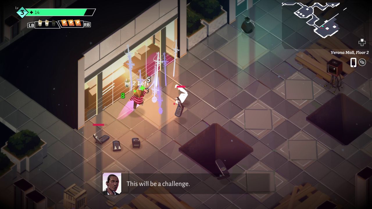 Fight in a dunj in Boyfriend Dungeon.  The player, seen from above and below, attacks several very large and angry flip phones