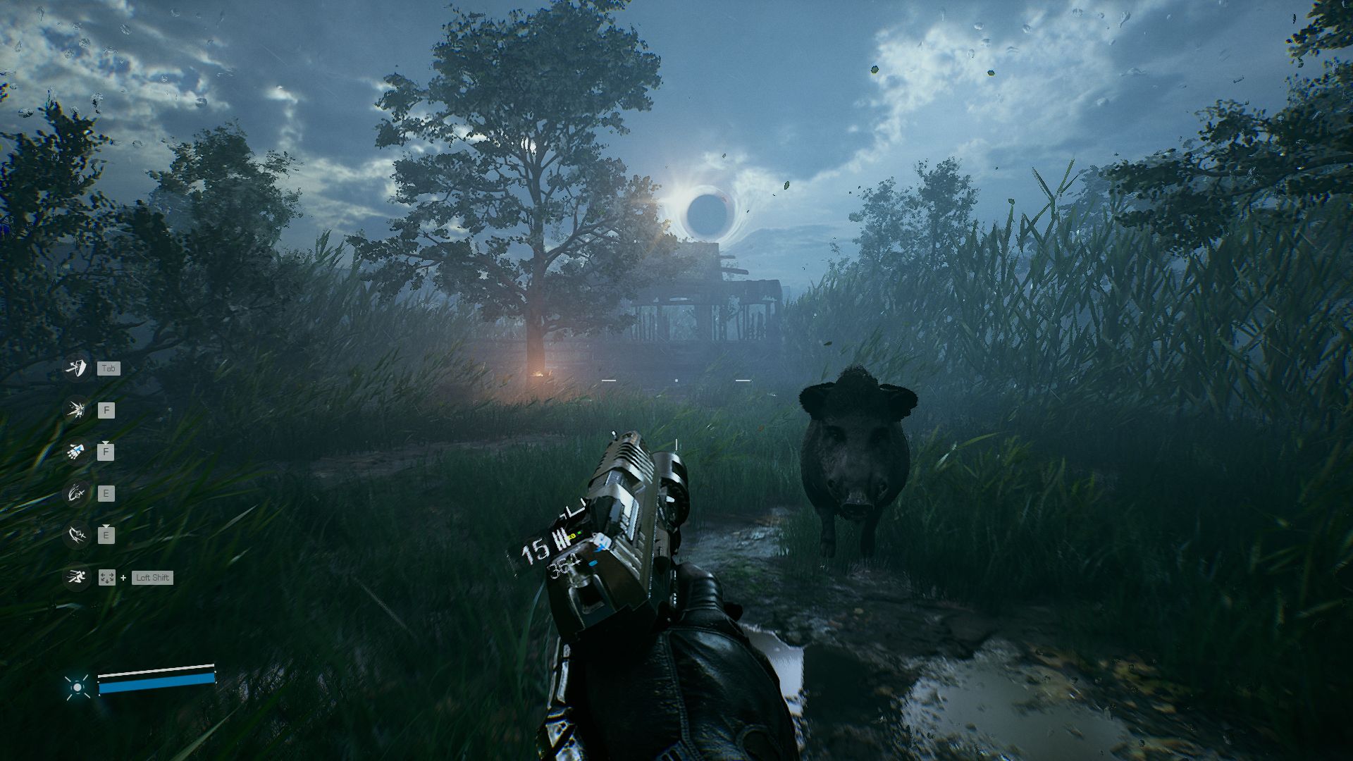 The player points a gun at a wild boar in Bright Memory Infinite