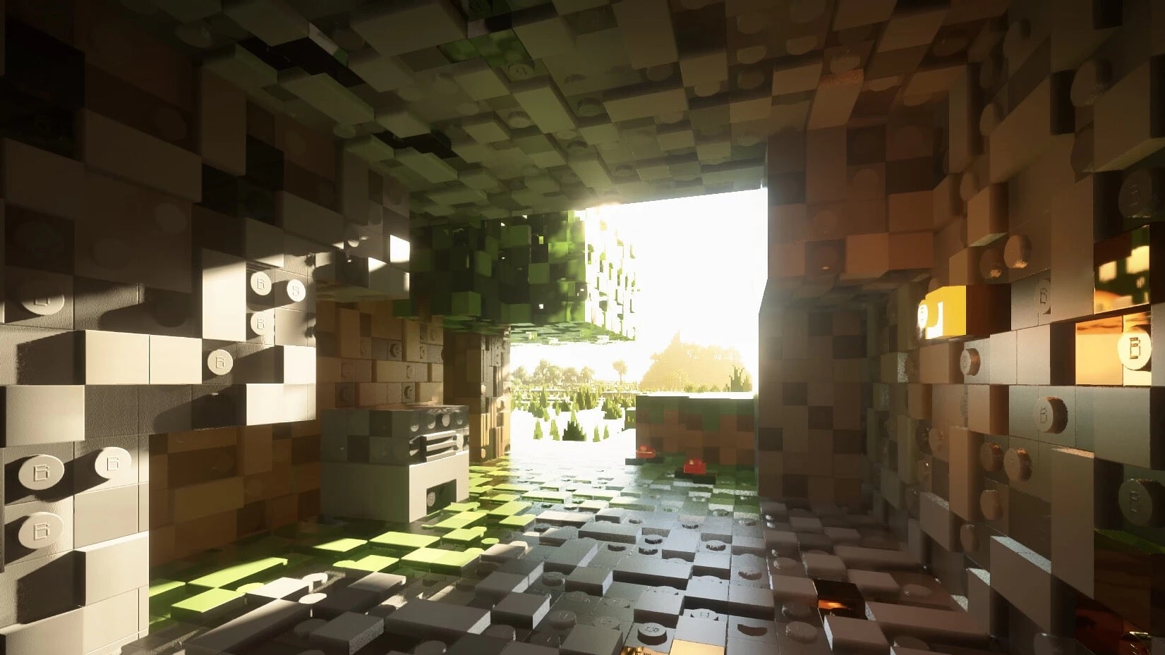 Minecraft Brixel resource pack - A screenshot from inside a cave looking into the sun with shaders enabled. All of the blocks appear to be made of shiny, bumpy Lego-like bricks.