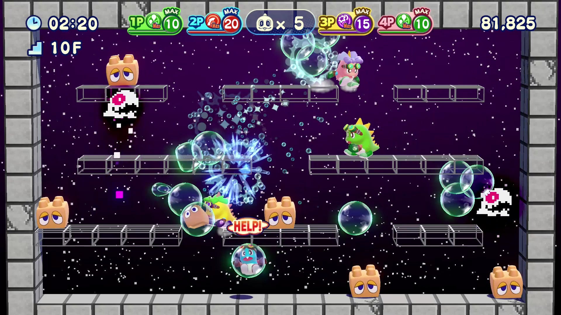 A screenshot of Bubble Bobble 4 Friends showing a stage of platforms with Bub and Bob fighting various bullies with bubbles.