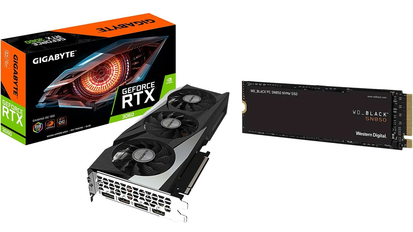a photo of an rtx 3060 graphics card and 2tb wd black sn850 pcie 4.0 nvme ssd (not to scale)