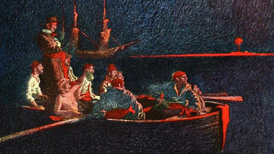 A crop of the illustration 'burning the ship' from Howard Pyle's book of pirates, showing a row boat of men on the sea lit by a fire out of frame