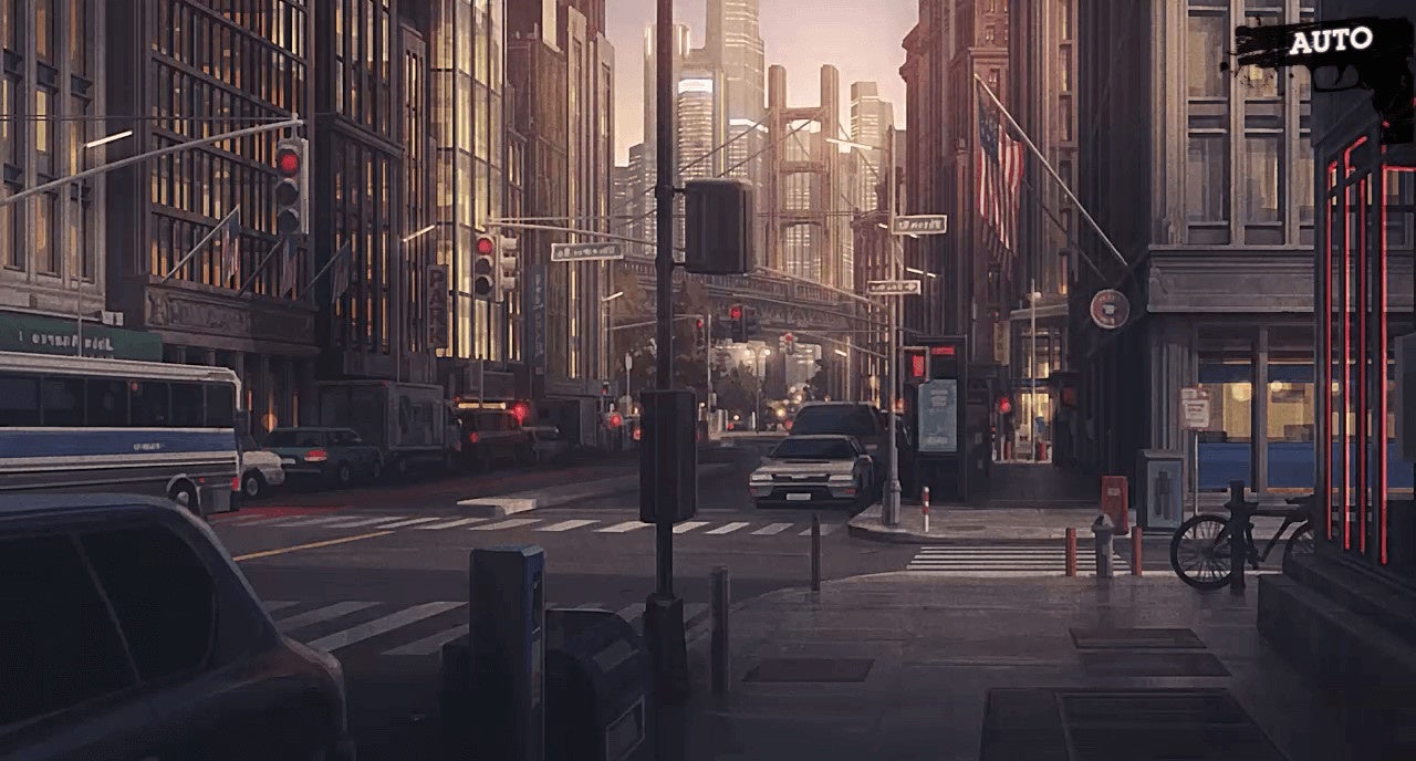 A screenshot of Bustafellows, showing a painterly rendition of a New Sieg (clearly New York) street.