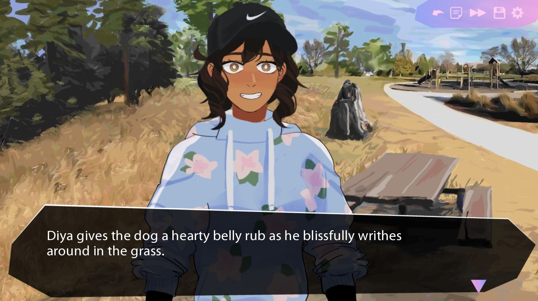 A Butterfly Soup 2 screenshot showing the character Diya and text explaining that they're rubbing the belly of a dog.