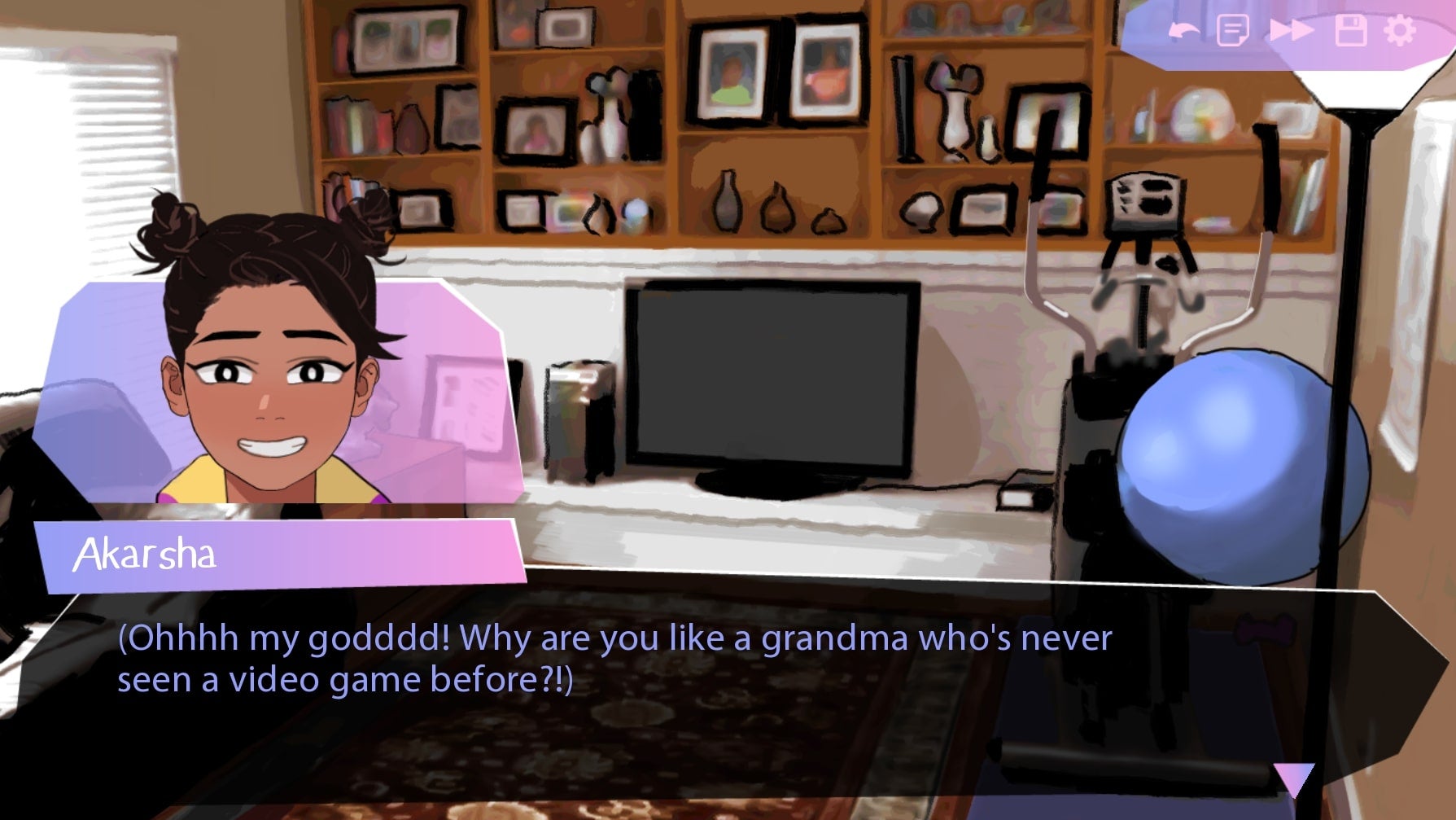 A Butterfly Soup 2 screenshot where character Akarsha is in a living room with the text: Oh my god! Why are you like a grandma who's never seen a video game before?!