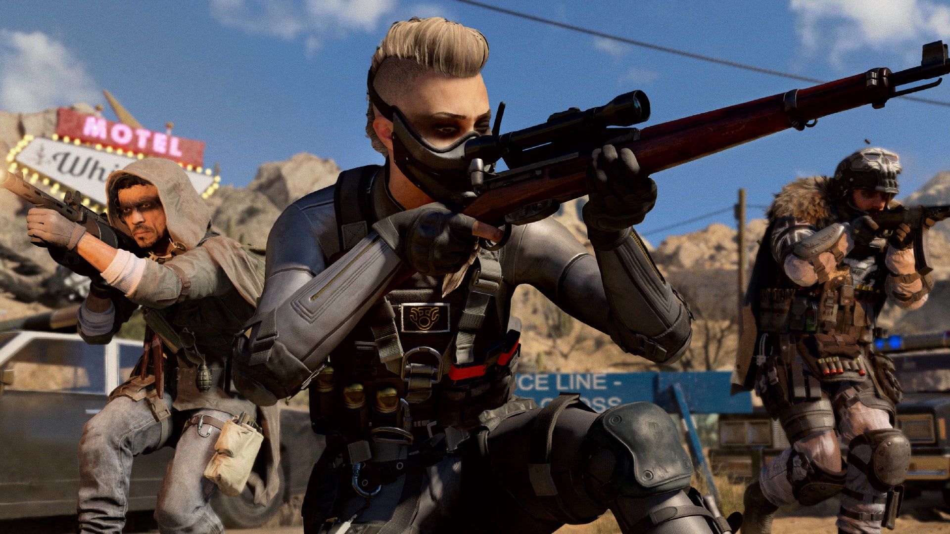 A screenshot from Call Of Duty: Black Ops Cold War which shows Wraith aiming a sniper rifle, flanked by two other operators.