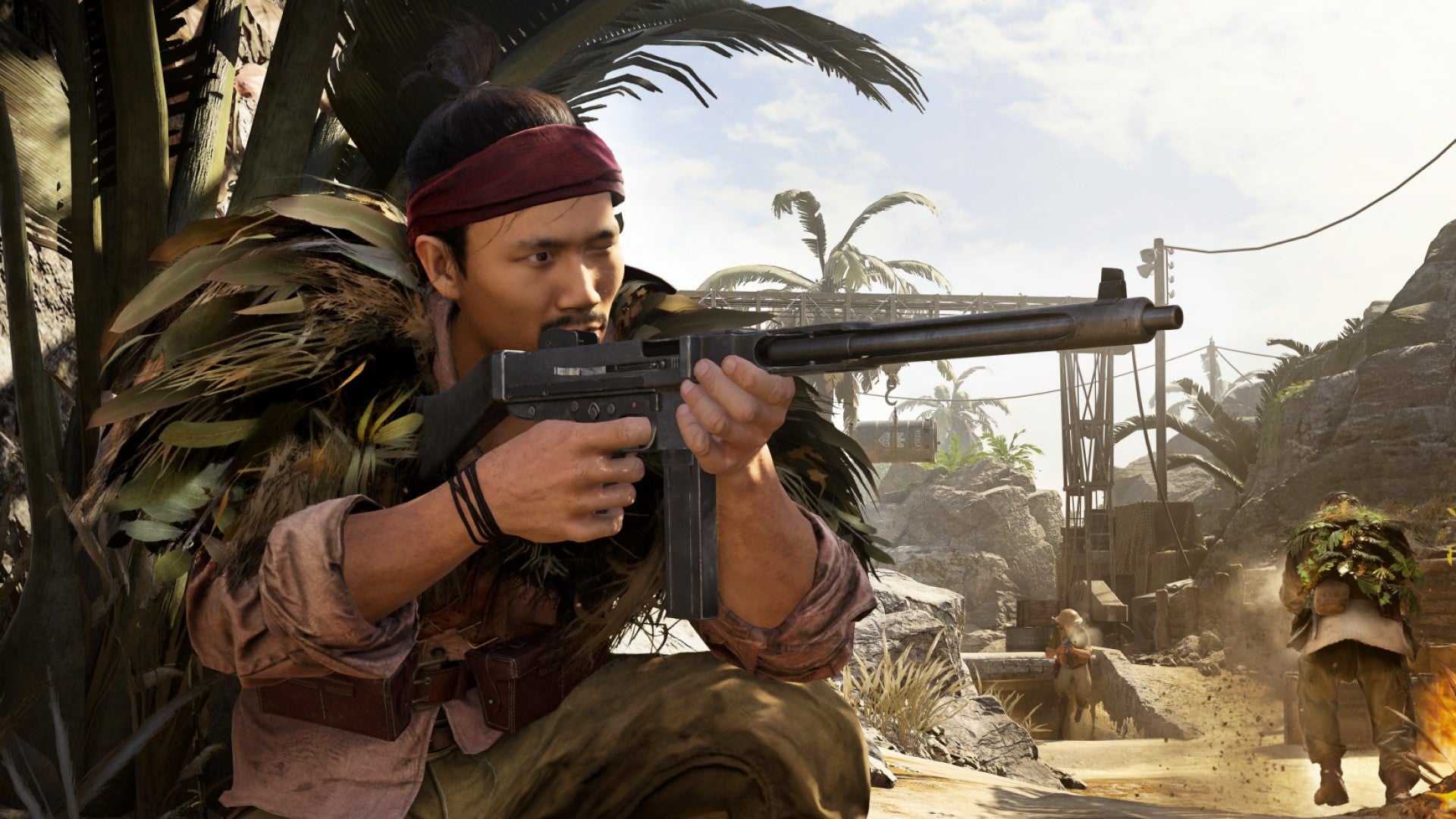 A player wearing a bandana and holding a submachine gun aims at a target in Call Of Duty: Vanguard.