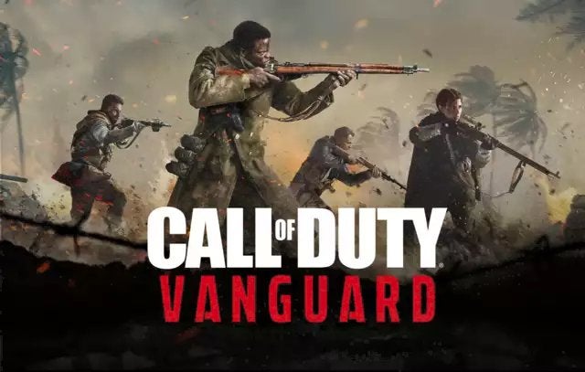 A logo for Call Of Duty: Vanguard with four soldiers wielding WW2 weapons behind it and palm trees and explosions behind that.