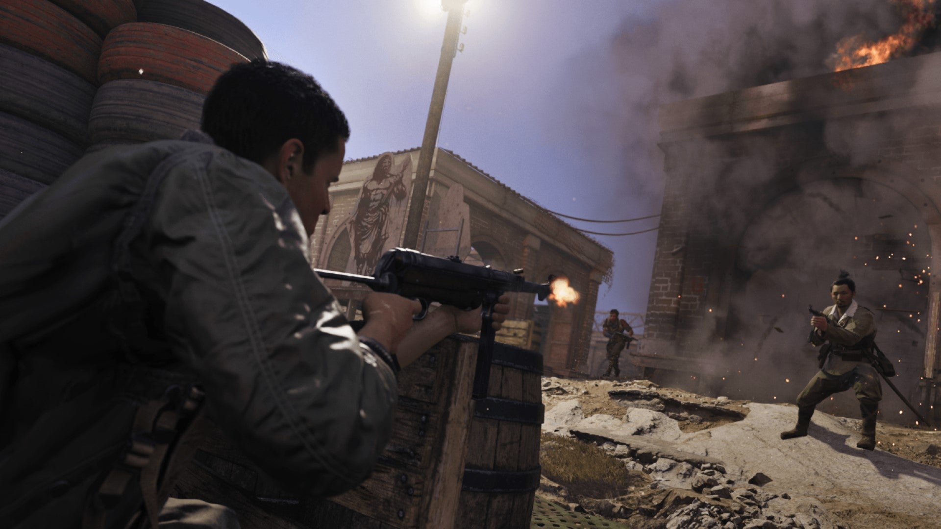 A soldier aims at another in Call Of Duty Vanguard, as an explosion goes off in the background.