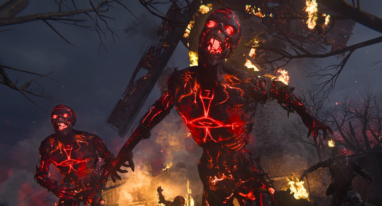 A screenshot from Call Of Duty: Vanguard's zombies mode, in which a glowing red undead is screaming.