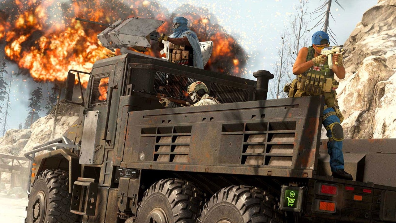 An image from Call Of Duty: Warzone which shows three players atop an armoured truck. One players mans a turret, and the two others are in the back looking down their rifles.
