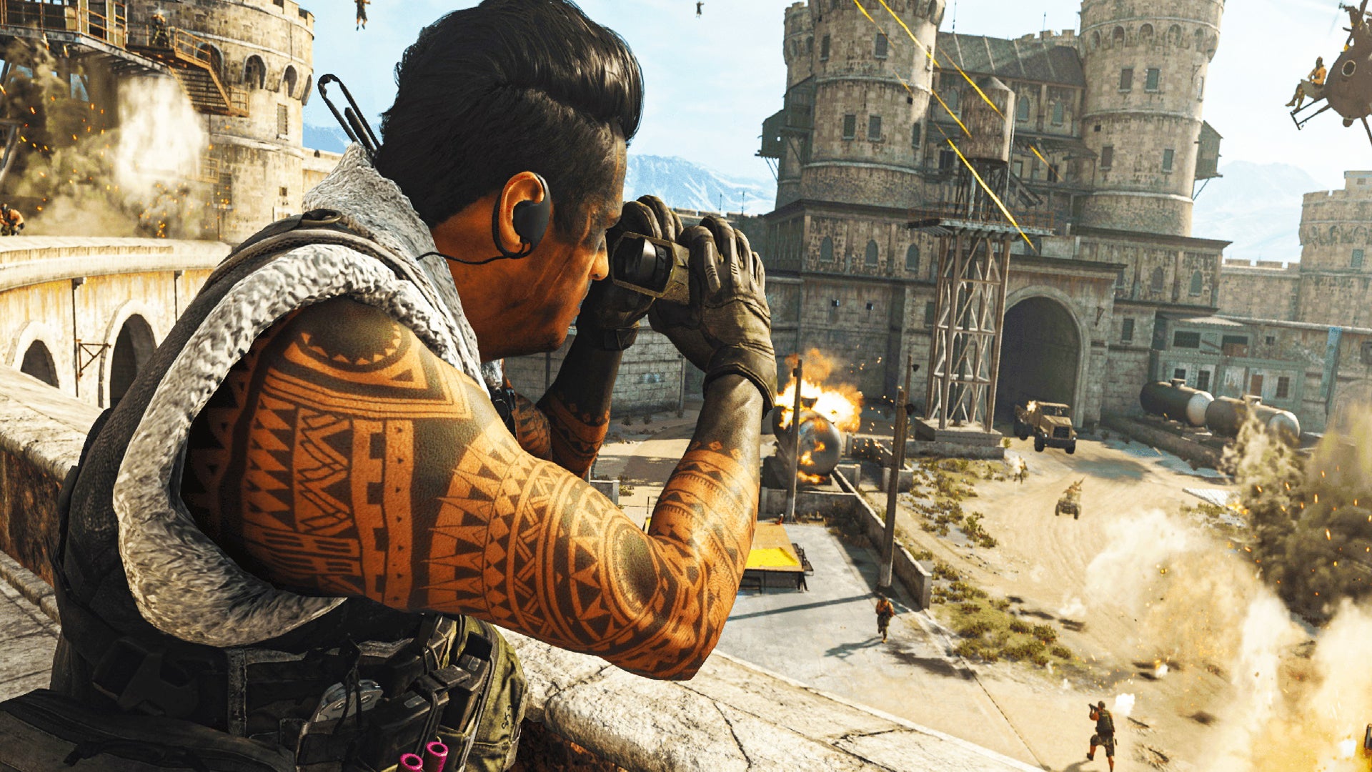 A close up shot of someone in Call Of Duty: Warzone looking through their binoculars