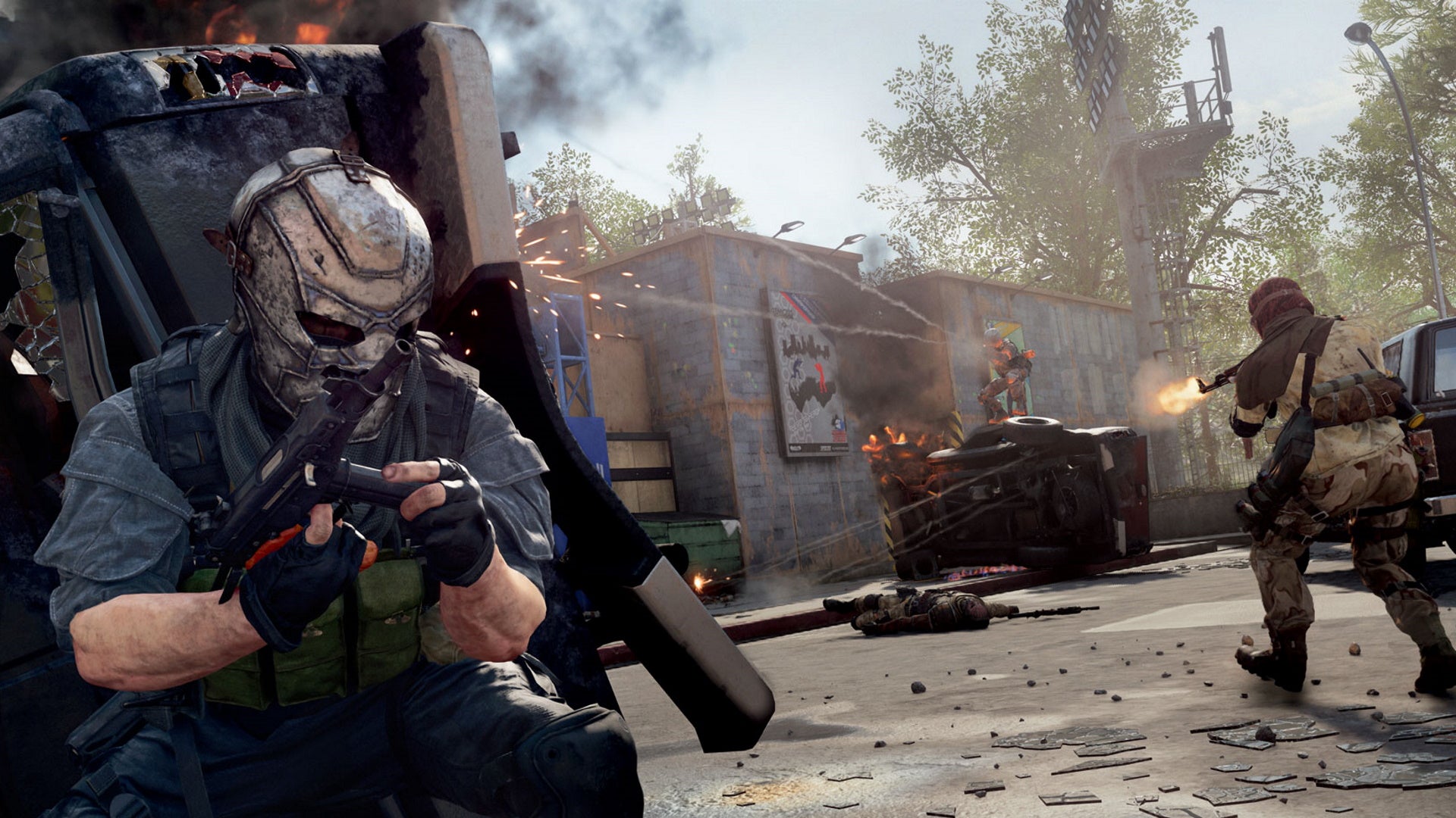 An image from Call Of Duty: Warzone and Black Ops Cold War's Season 4 Reloaded update, which shows a masked operator ducking for cover behind an overturned vehicle as a firefight breaks out.