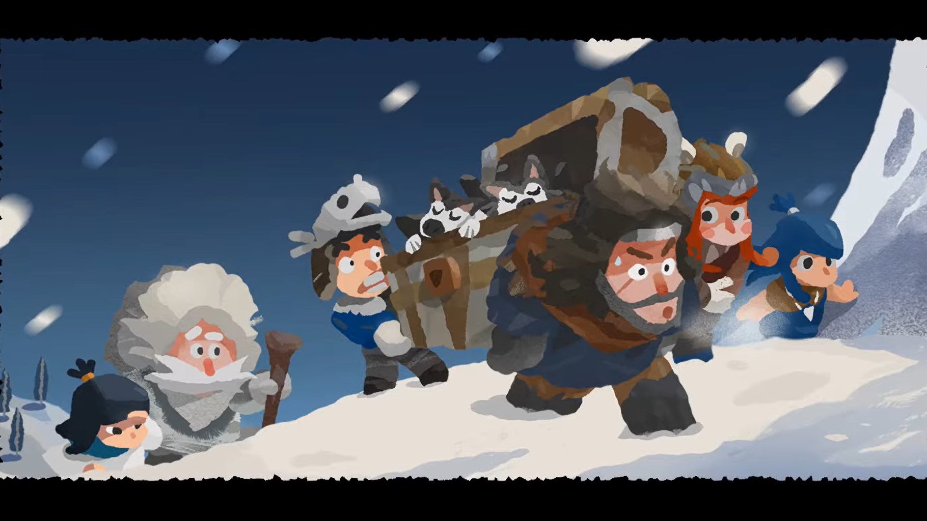 A group of hooded villagers rush through a snowy wilderness carrying a chest of sleeping husky pups in Carto