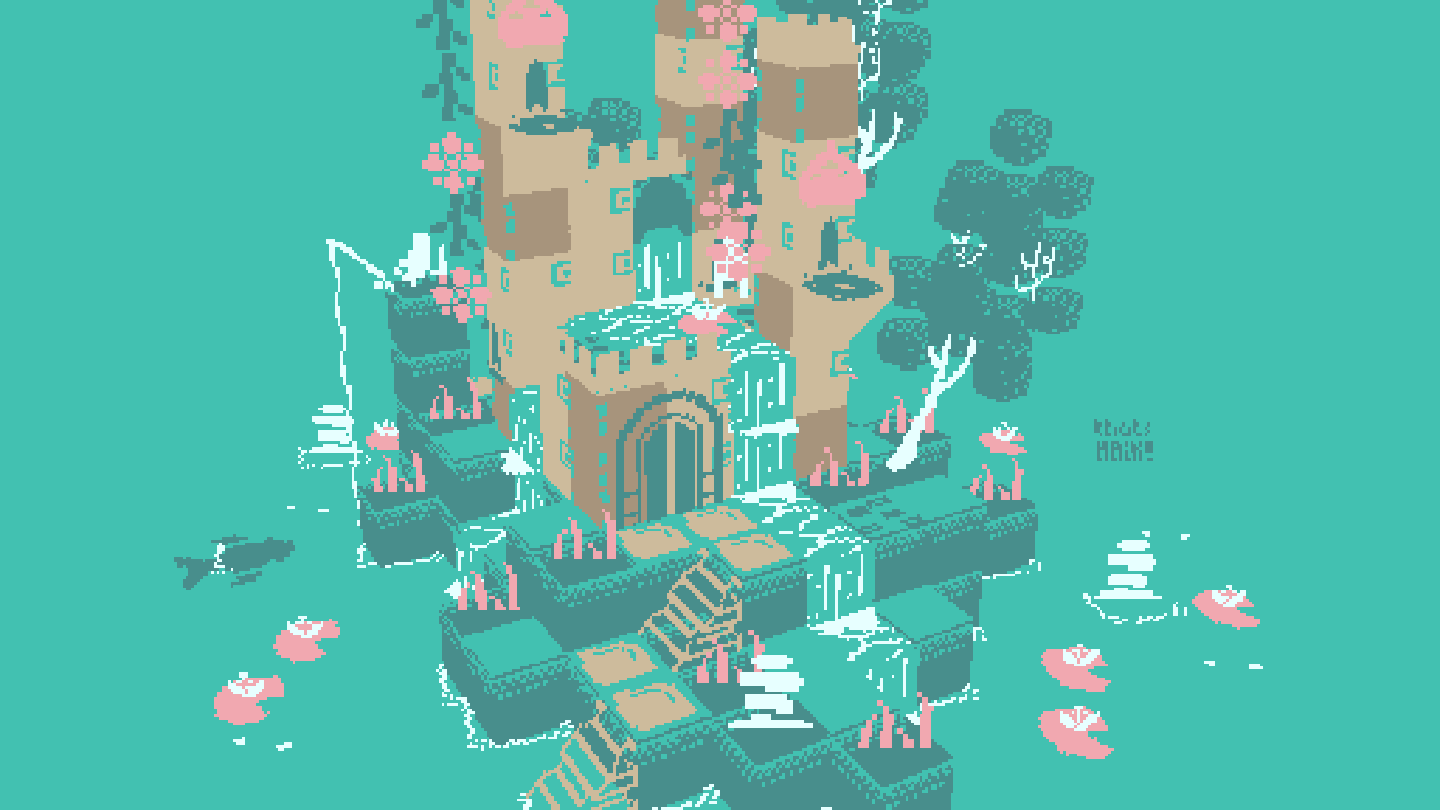 A cute island castle in a Castle of the Water Monks screenshot.