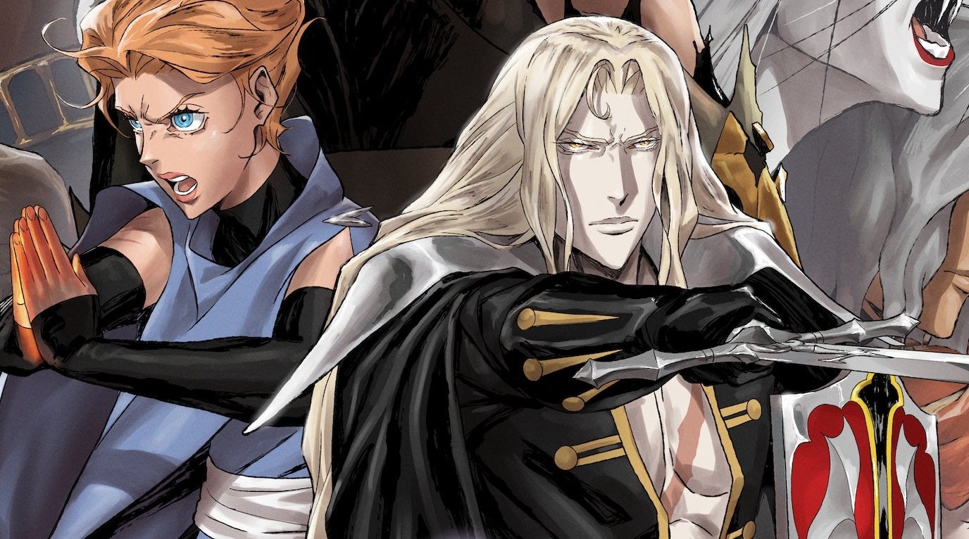 Castlevania season 4 poster - Alucard holds a sword and shield in a character ensemble image beside Sypha.