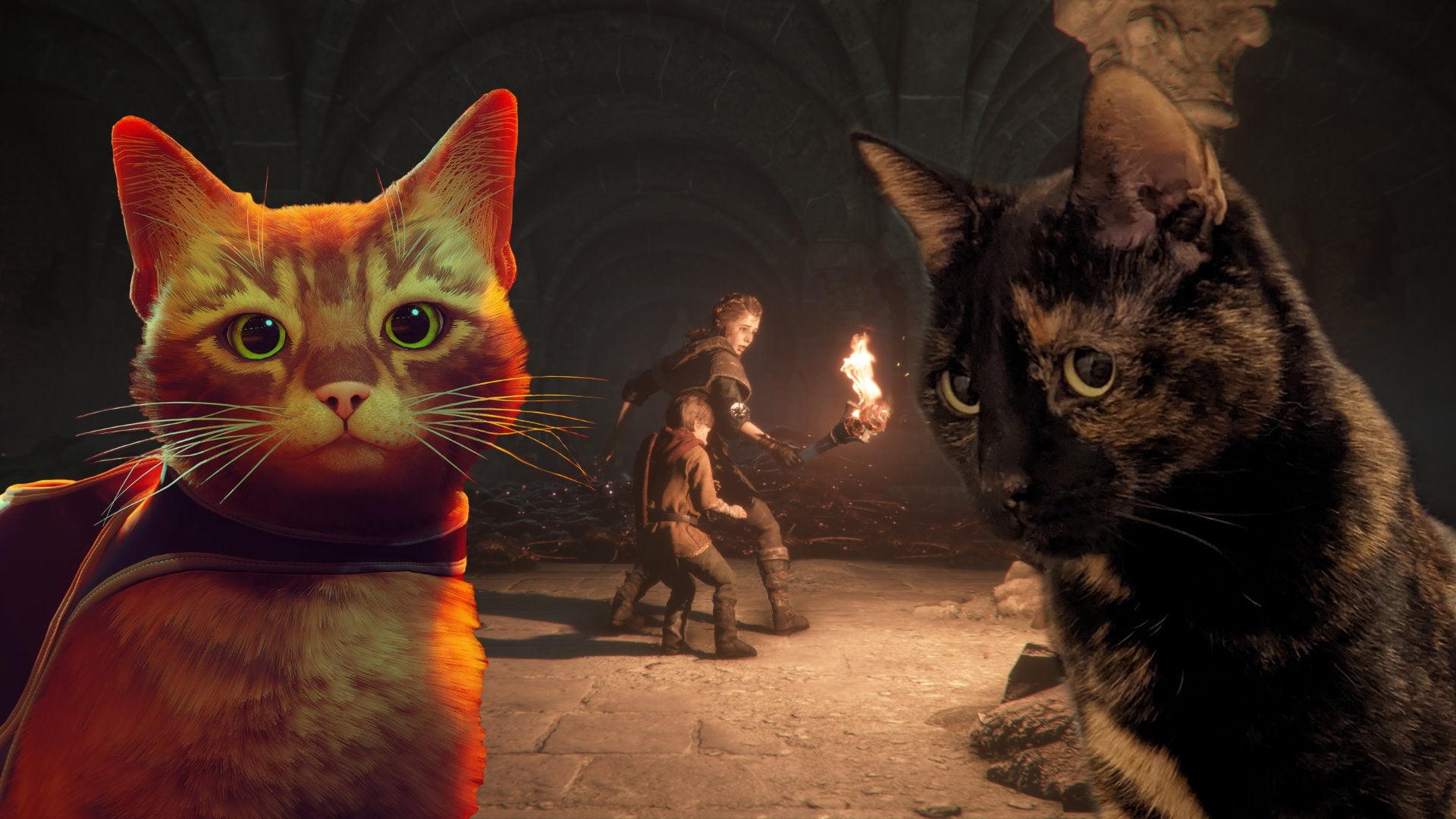 The cat from Stray and Katharine's cat stand either side of Amicia and Hugo fighting off rats in A Plague Tale: Requiem,
