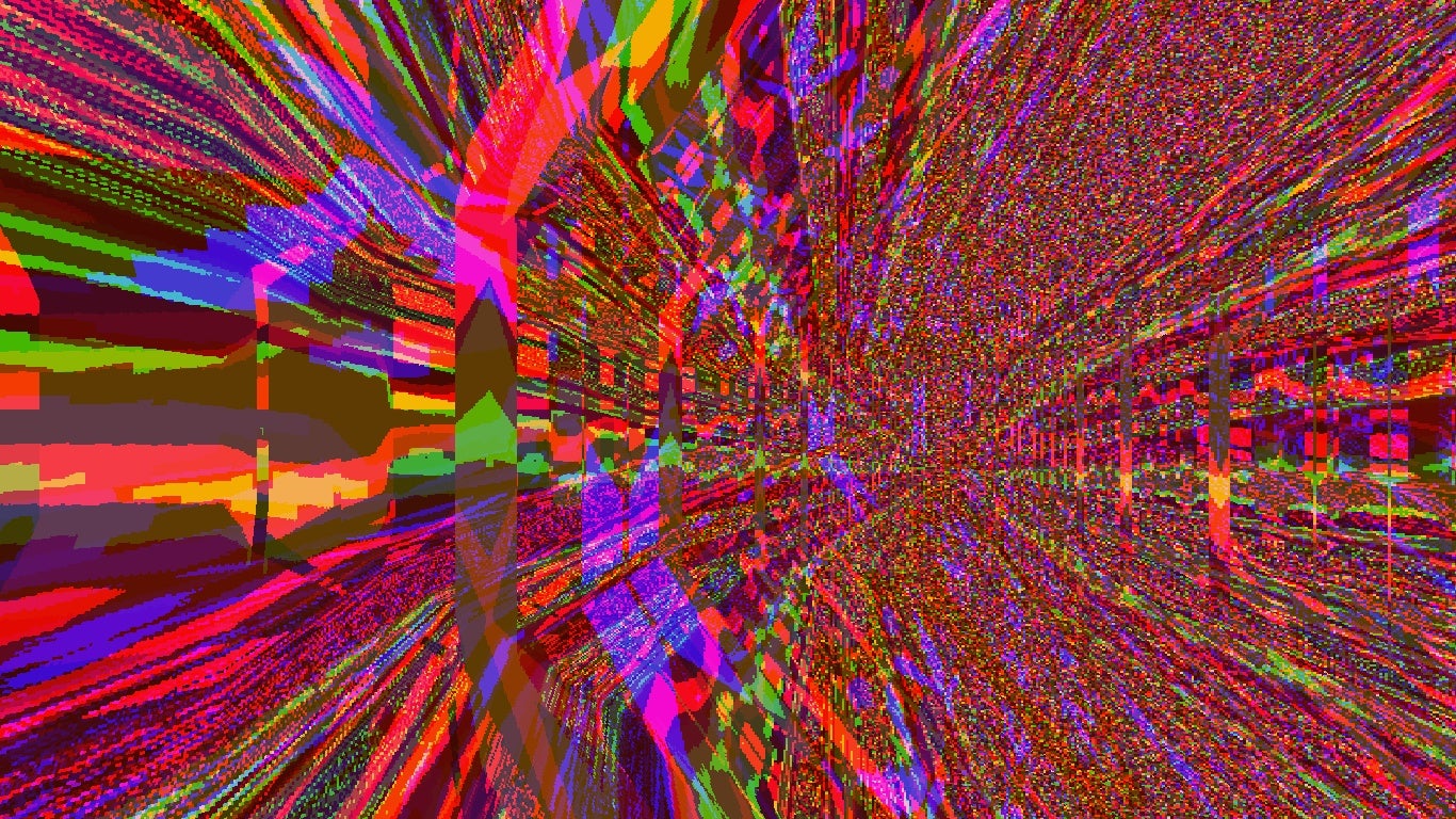 A screenshot of Catacombs Of Solaris, depicting red, green and yellow pixellated glitch art that seems to form a corridor away from the camera.