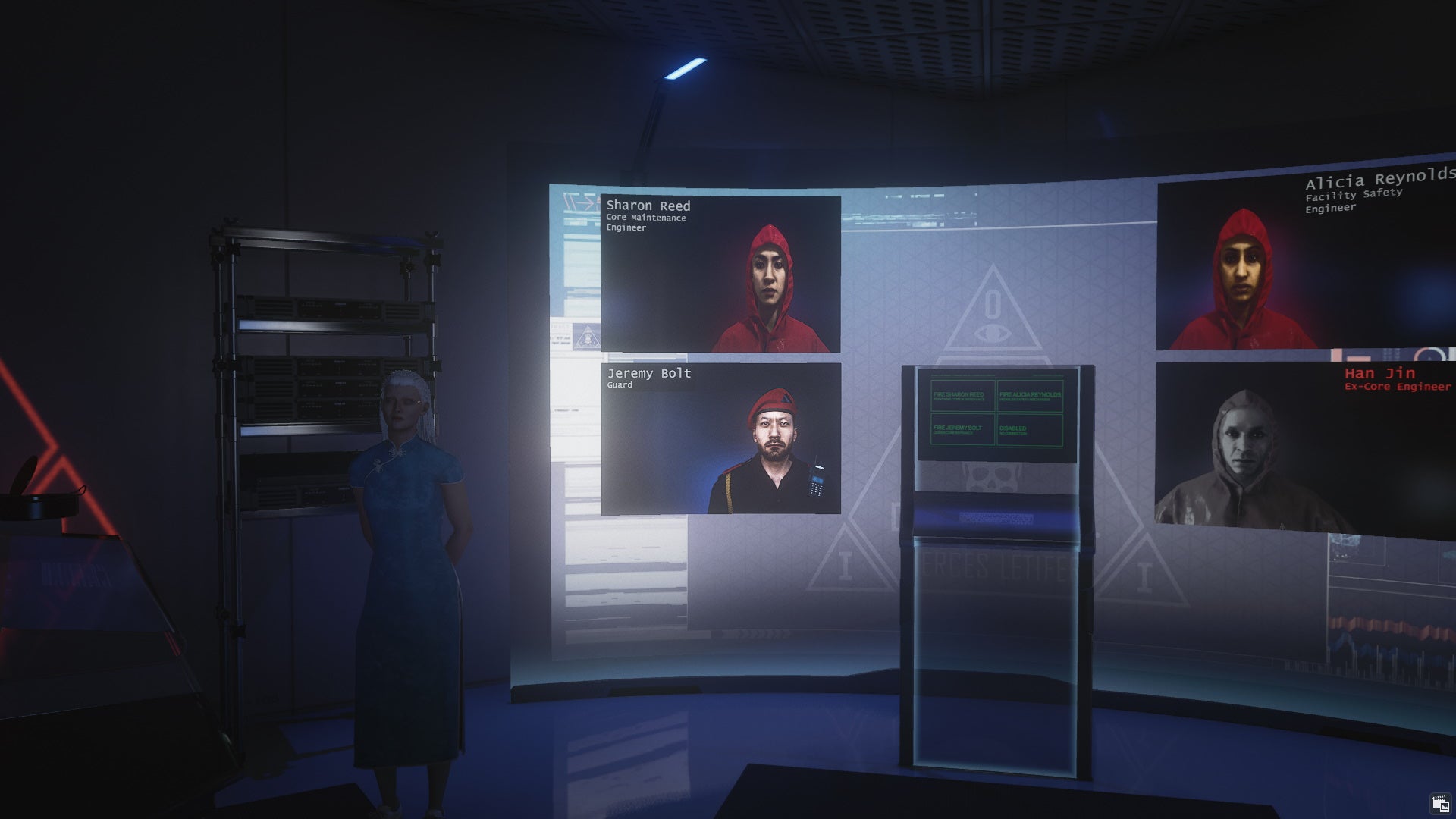 Imogen Royce shows off her screen of fireable employees in Hitman 3's Certainty Principle mission.