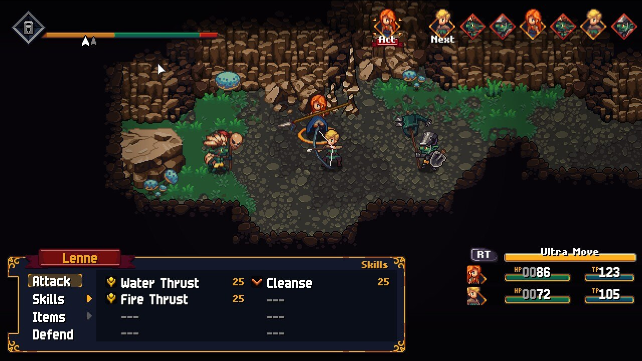 Two warriors fight goblins in a cave in Chained Echoes