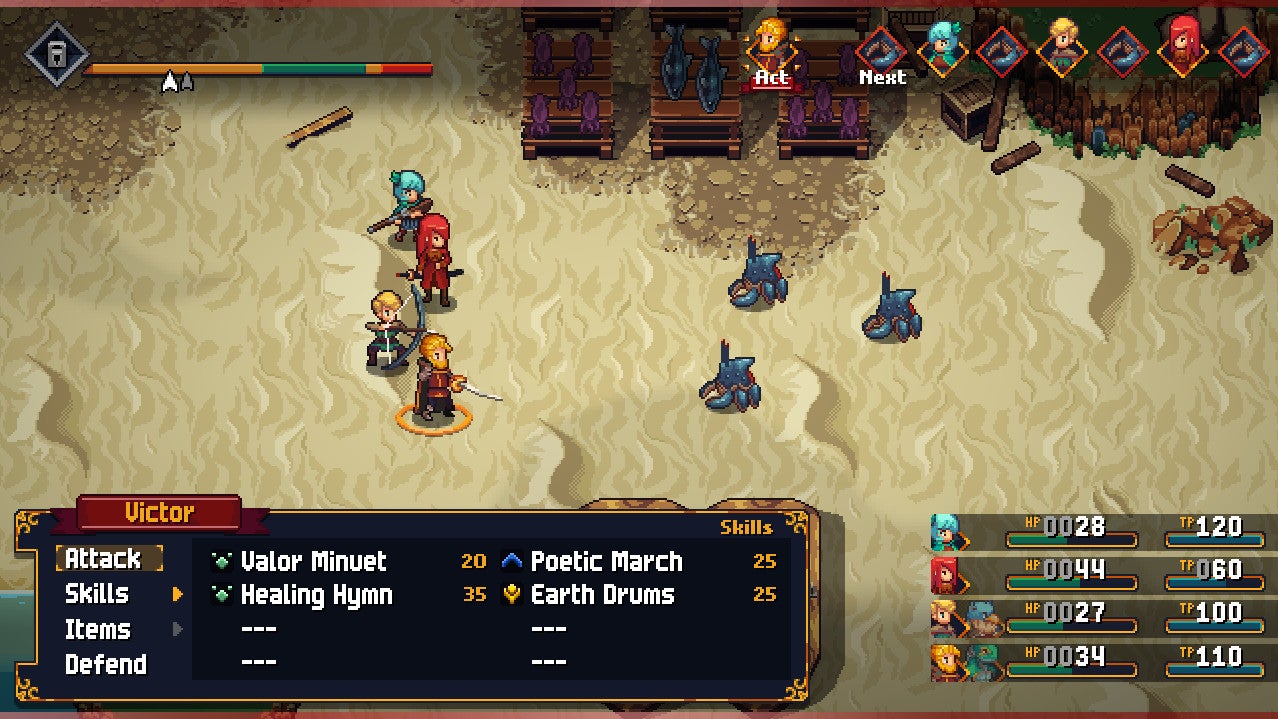Four warriors fight crabs on a beach in Chained Echoes
