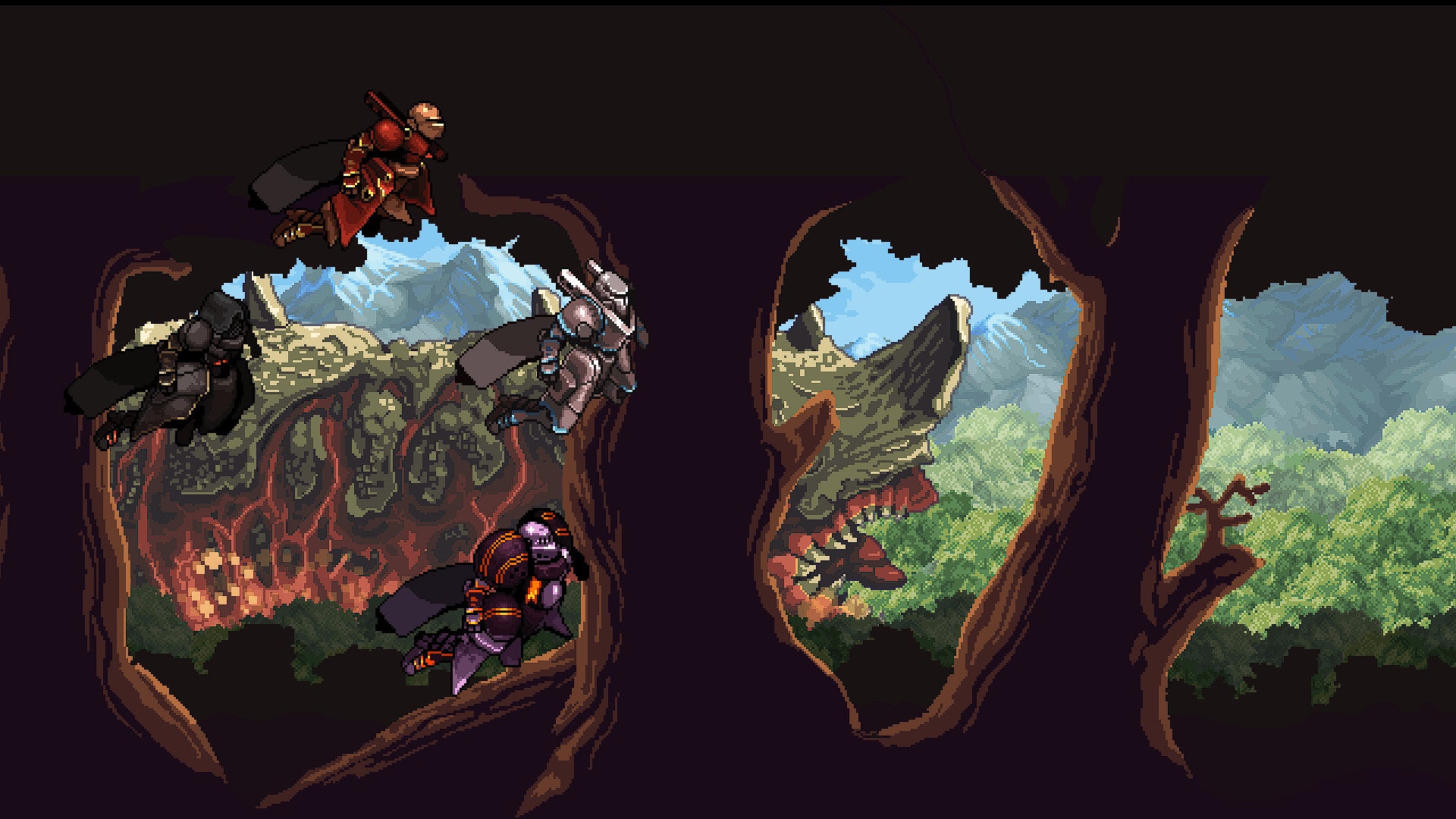 Several mechs fly through a forest while an enormous sandworm can be seen in the distance in Chained Echoes