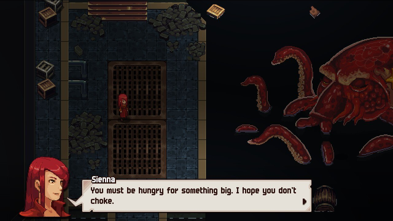A red-haired woman confronts a giant octopus in a sewer in Chained Echoes