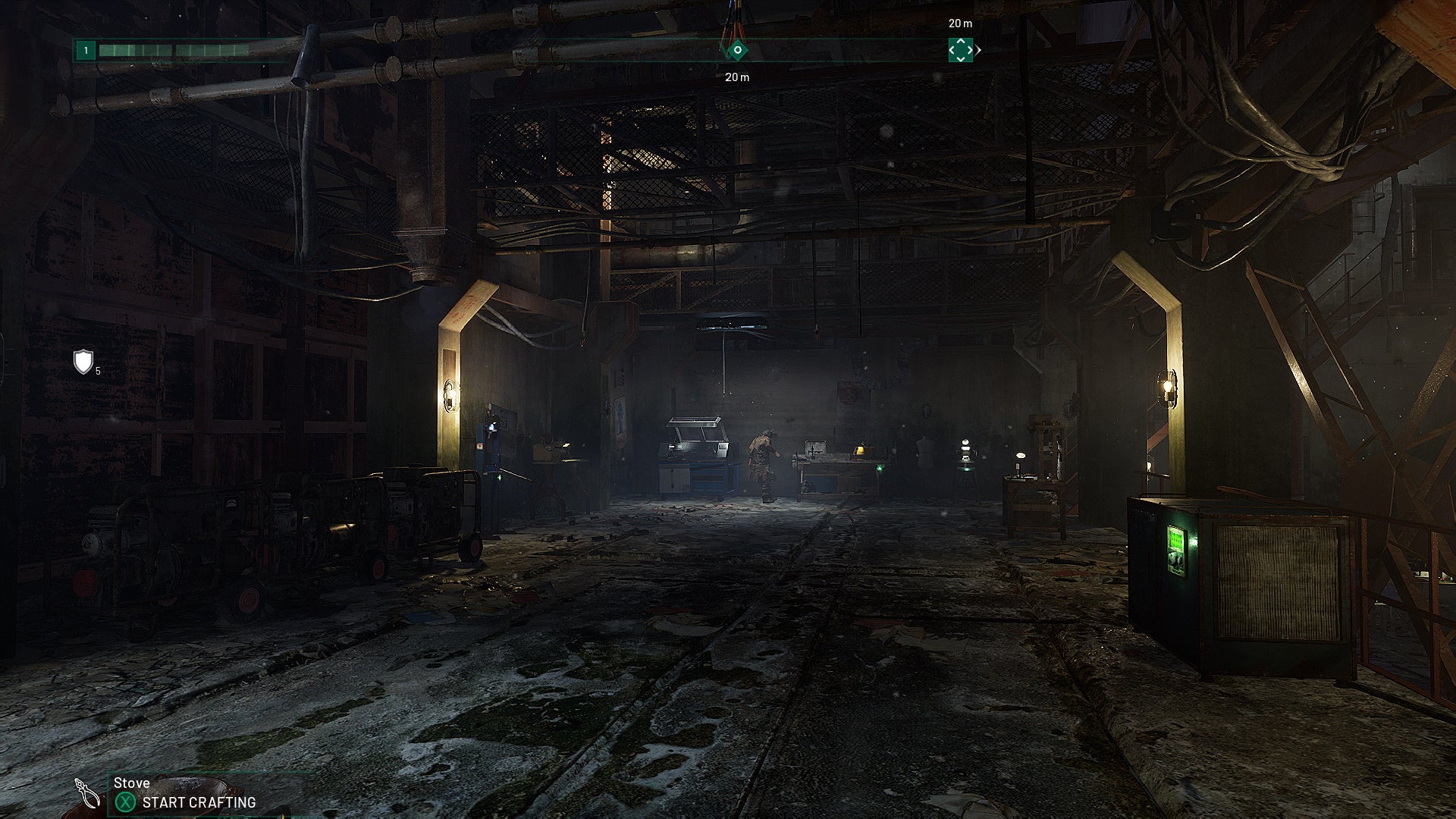 An image from Chernobylite which shows my dark base filled with crafting tables, and a character inspecting one in the background.