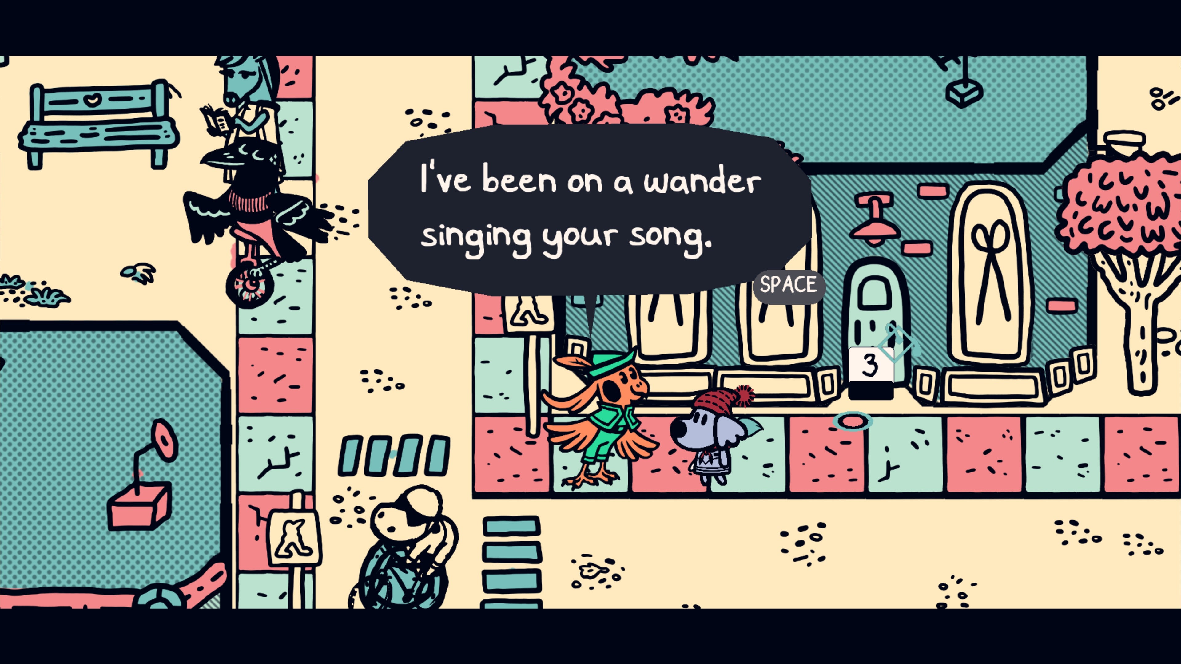 A screenshot of a bard bird from Chicory: A Colorful Tale