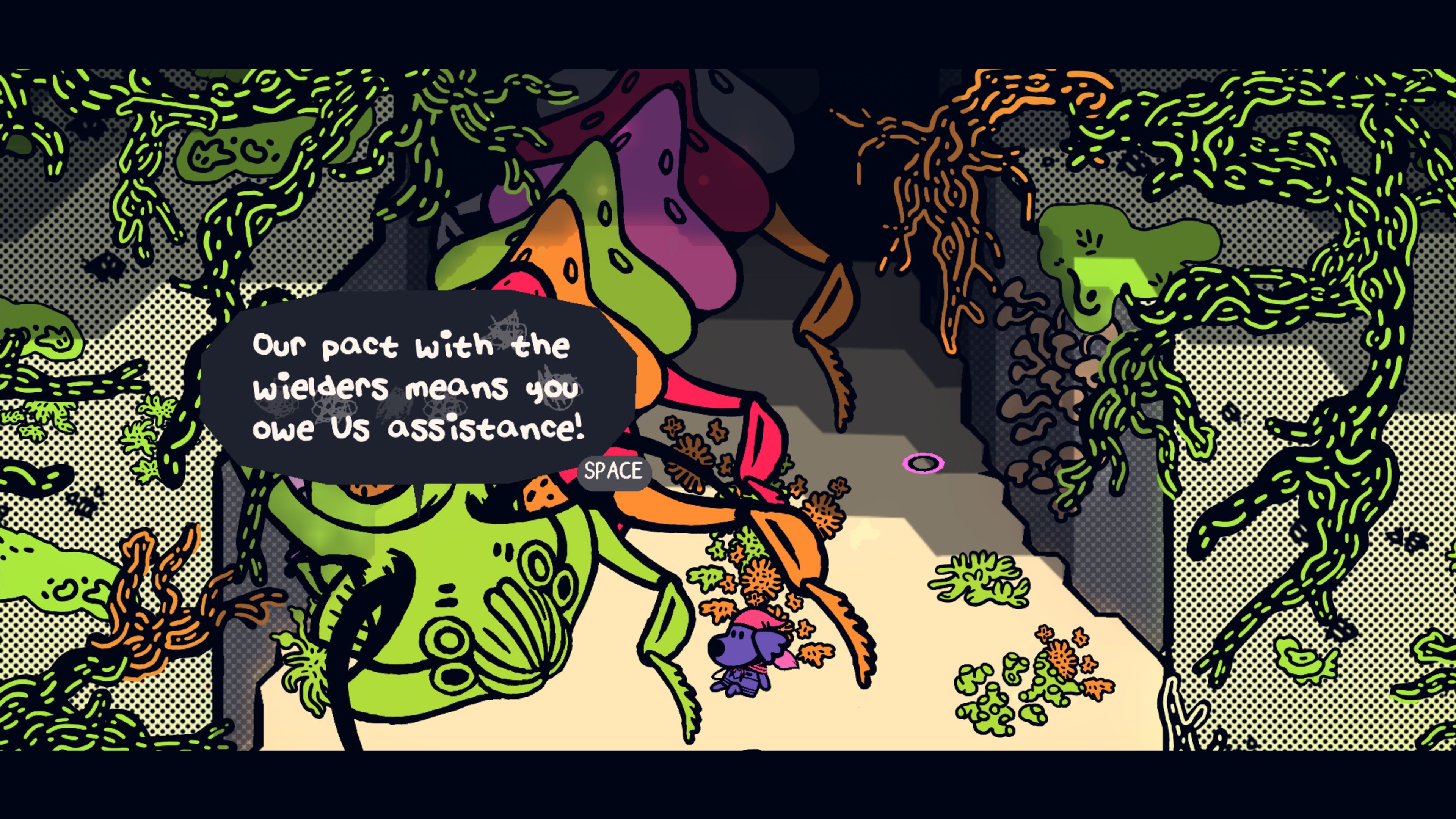 A screenshot of a giant bug queen talking to the protagonist in an underground tunnel from Chicory: A Colorful Tale