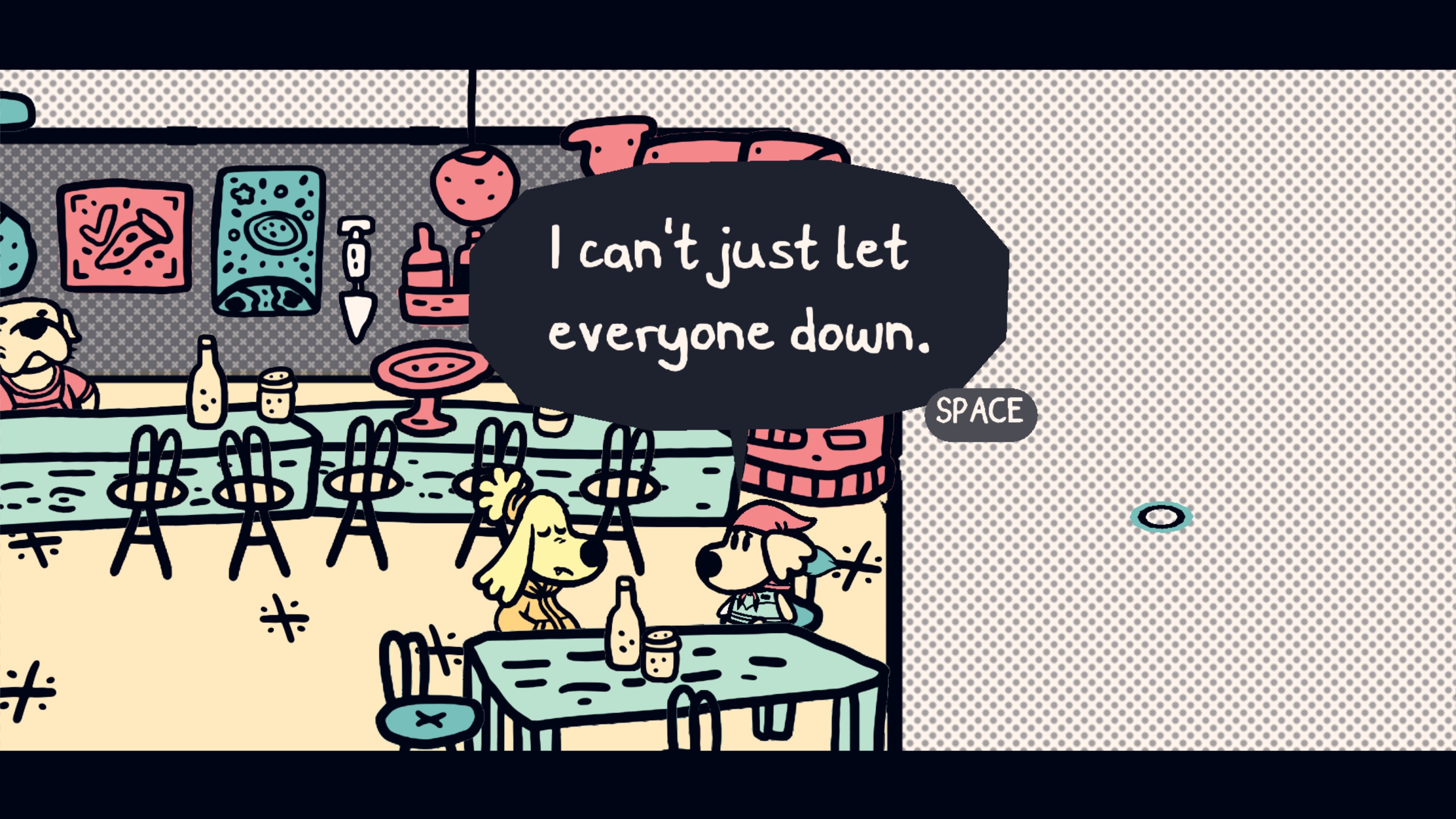 A screenshot of the protagonist talking to her sister in a cafe in Chicory: A Colorful Tale