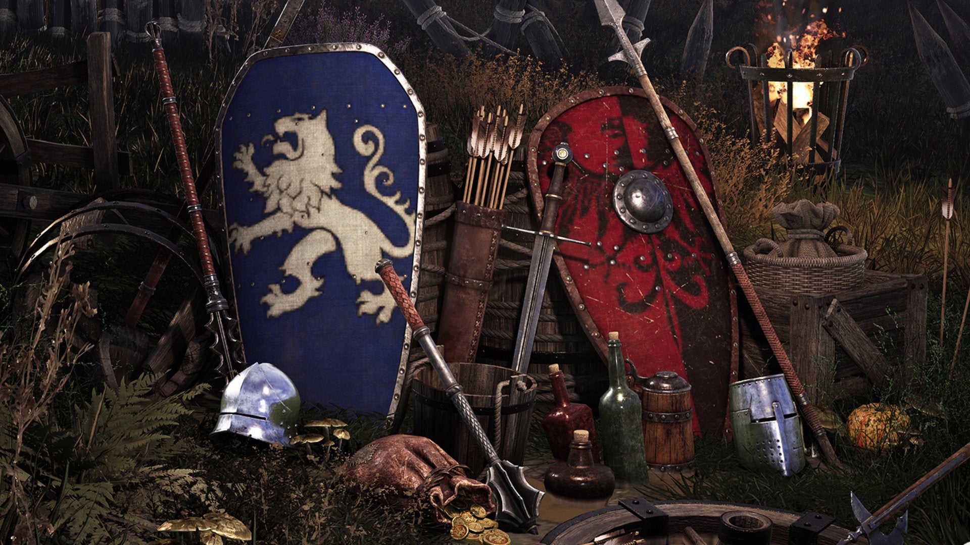 A promotional Chivalry 2 screenshot of two shields in the ground: one belonging to the Agatha Knights, and the other to the Mason Order.