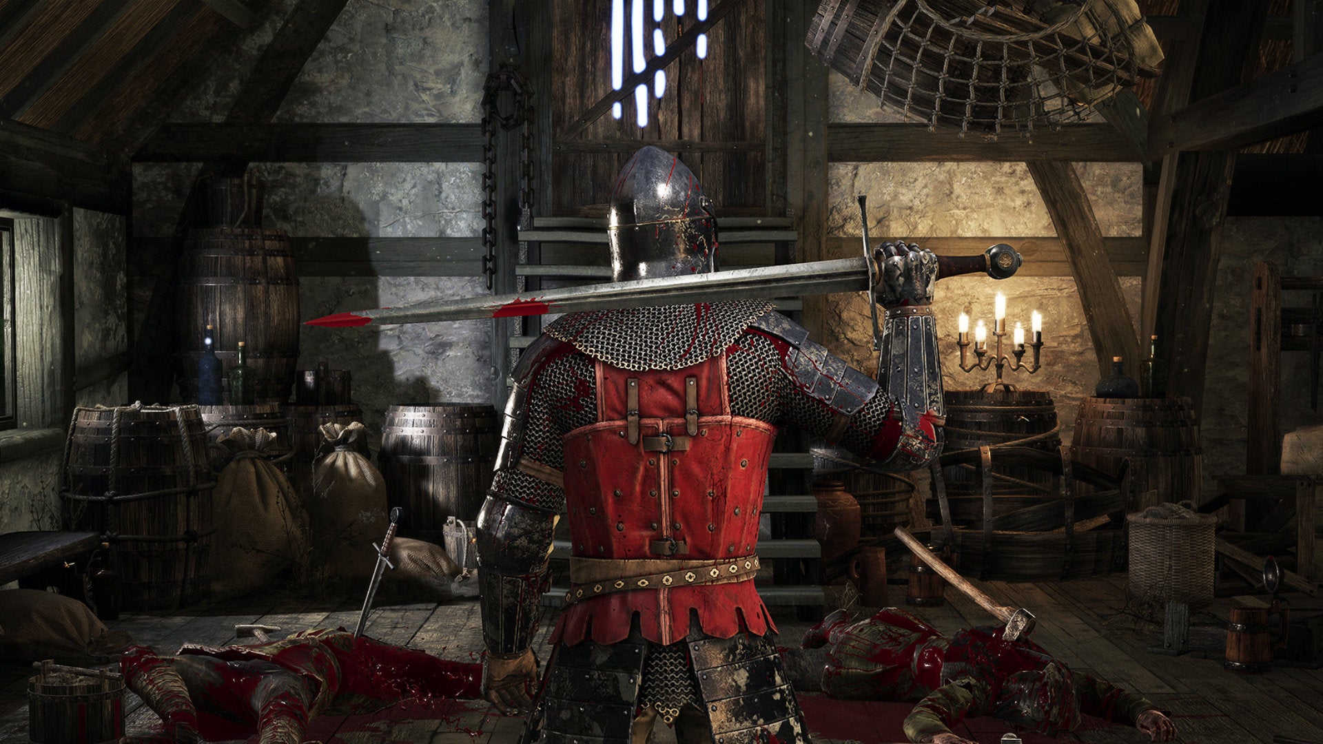 A promotional Chivalry 2 screenshot of a Mason Order player in a room full of bodies, resting a sword against their shoulders.