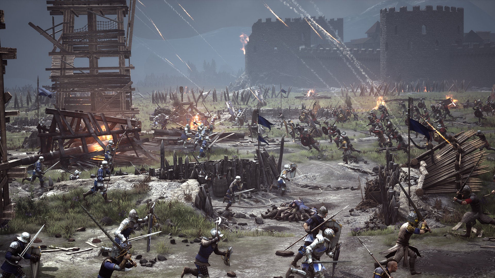A promotional Chivalry 2 screenshot of a battlefield with flaming arrows plummeting from the sky towards the fighters below.