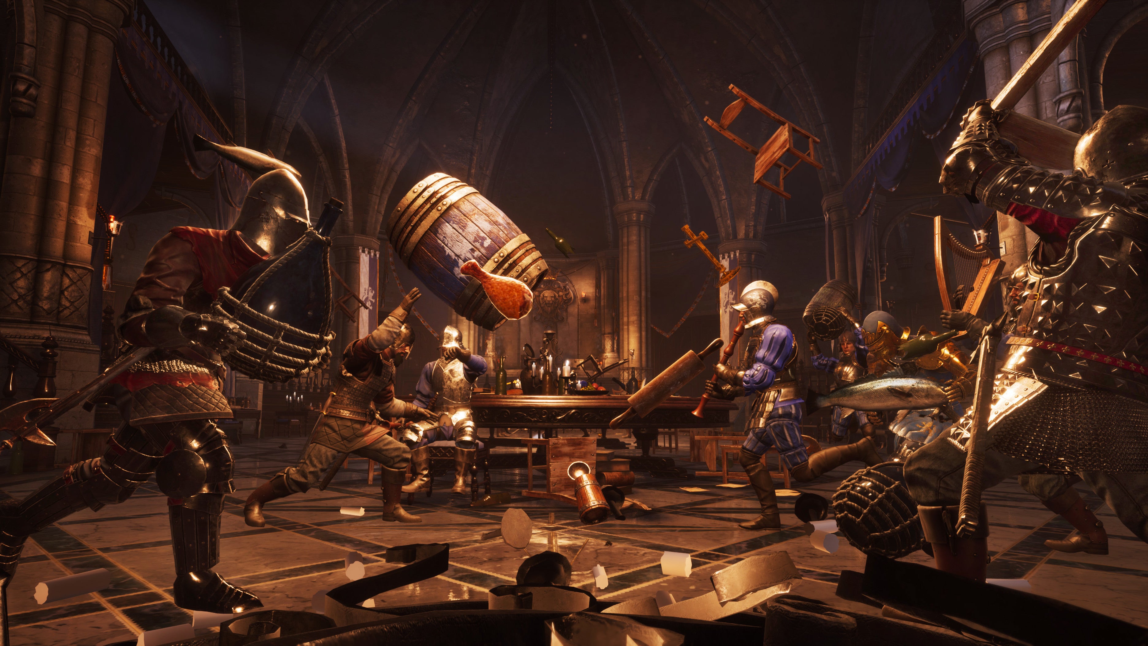 Stools, food, and other improvised tavern brawl weapons fly in a Chivalry 2 screenshot.