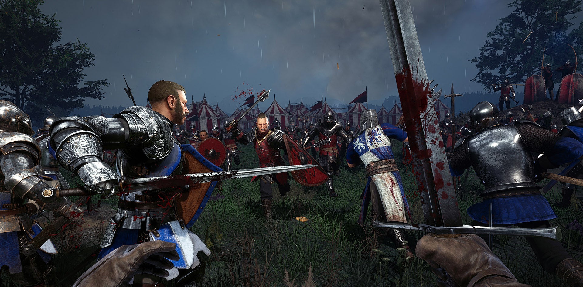 A screenshot of Chivalry 2 showing men with swords on a battlefield, rushing at each other and screaming.