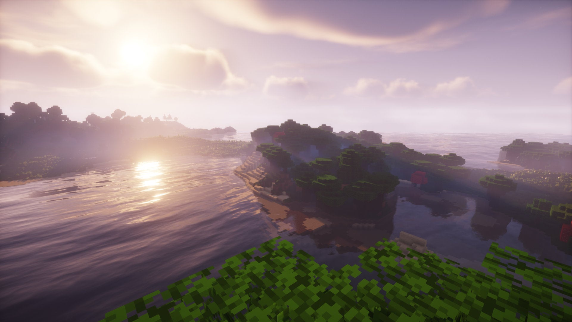 A Minecraft screenshot of a landscape with Chocapic13's Shaders enabled.