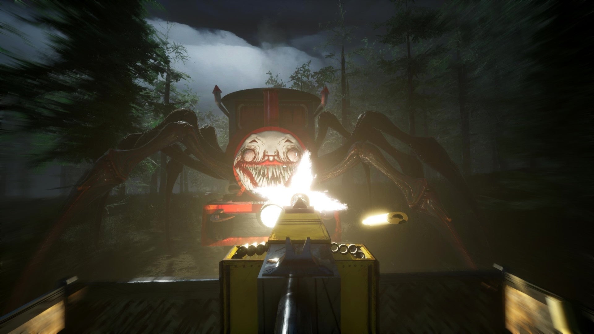 A screenshot of Choo-Choo Charles, showing a mounted turret firing at a train with a demonic face and spider legs.