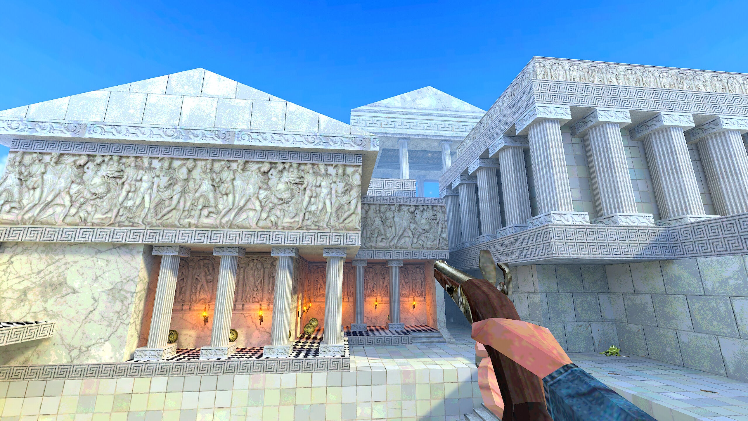 A screenshot from retro-style FPS Chop Goblins, which shows the player pointing a flintlock pistol at an ancient Greek structure.